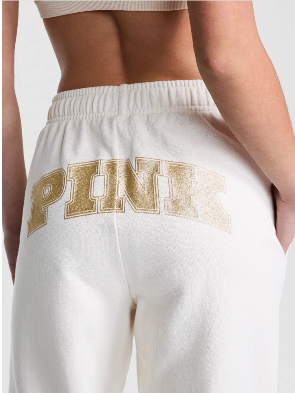 RARE PINK Victoria's Secret Beige Jogger Sweatpants Gold Sparkle Logo XL NWT - Picture 2 of 11